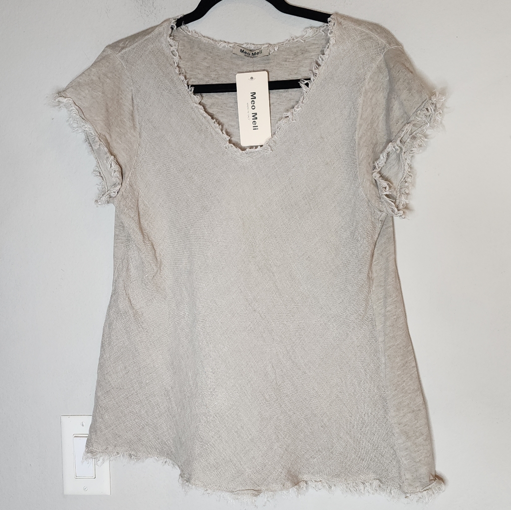 Nwt Meo Meli Linen Top Short Sleeve Frey Edges Stretch Sz S/M Beige Mixed Media